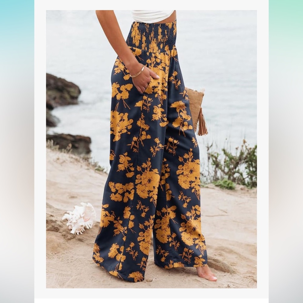 Navy and Orange Floral Palazzo Pants - Picture 1 of 10